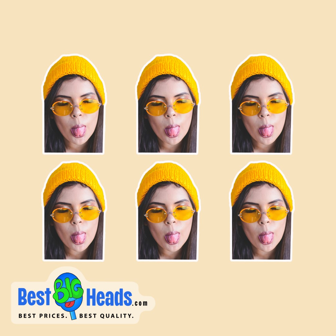 Woman wearing yellow sunglasses and a beanie, playfully sticking her tongue out on custom cutout stickers.