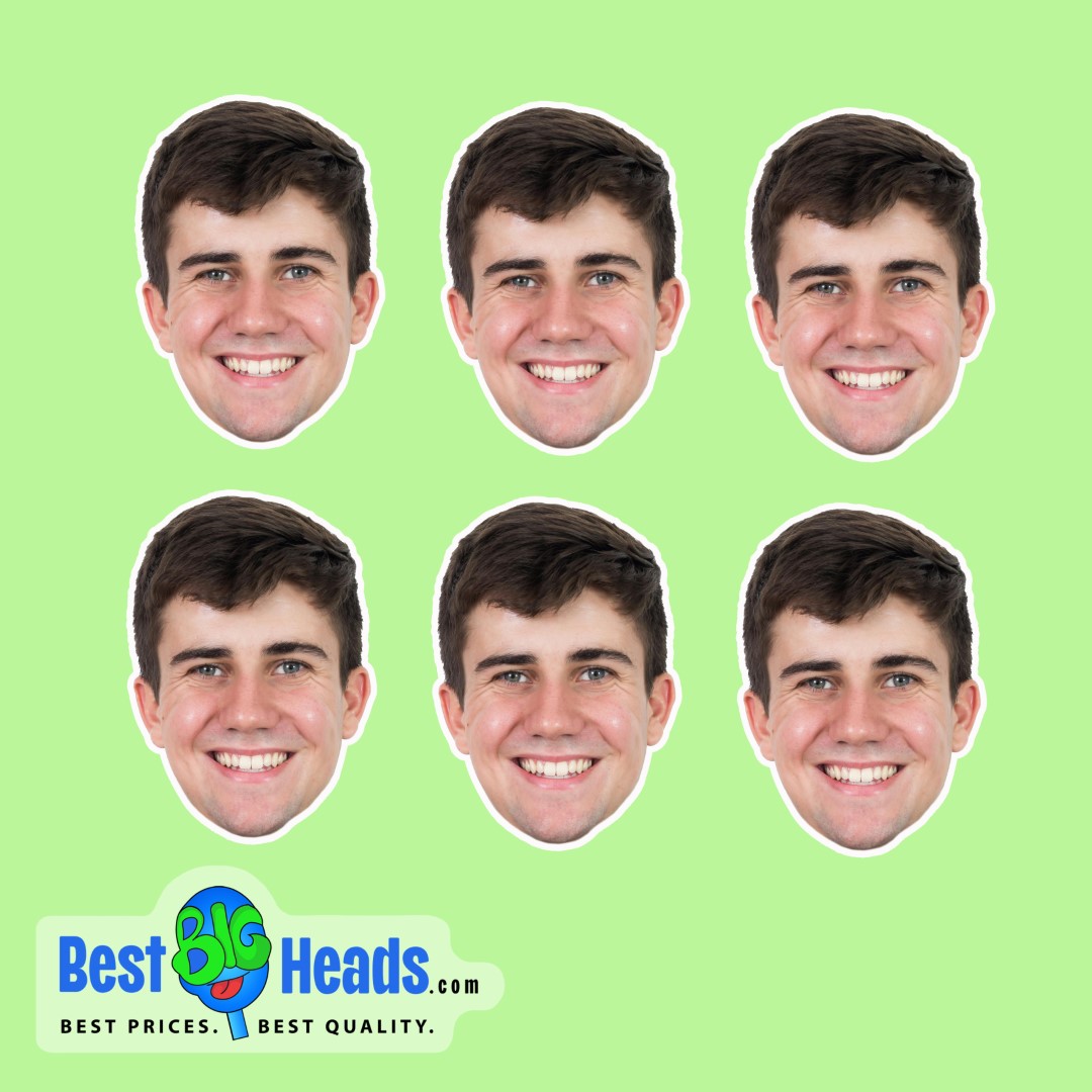 Smiling young man's face displayed on six custom cutout stickers against a green background.